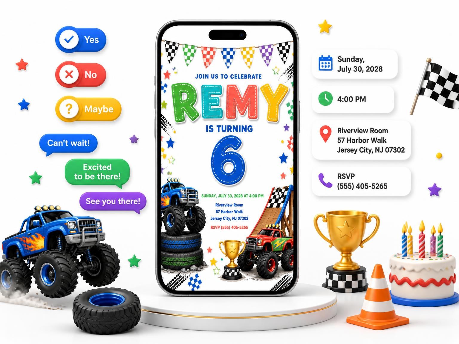 The Stitched Monster Truck 6th Birthday Invitation invitation on a phone, with guest RSVPs arriving around it