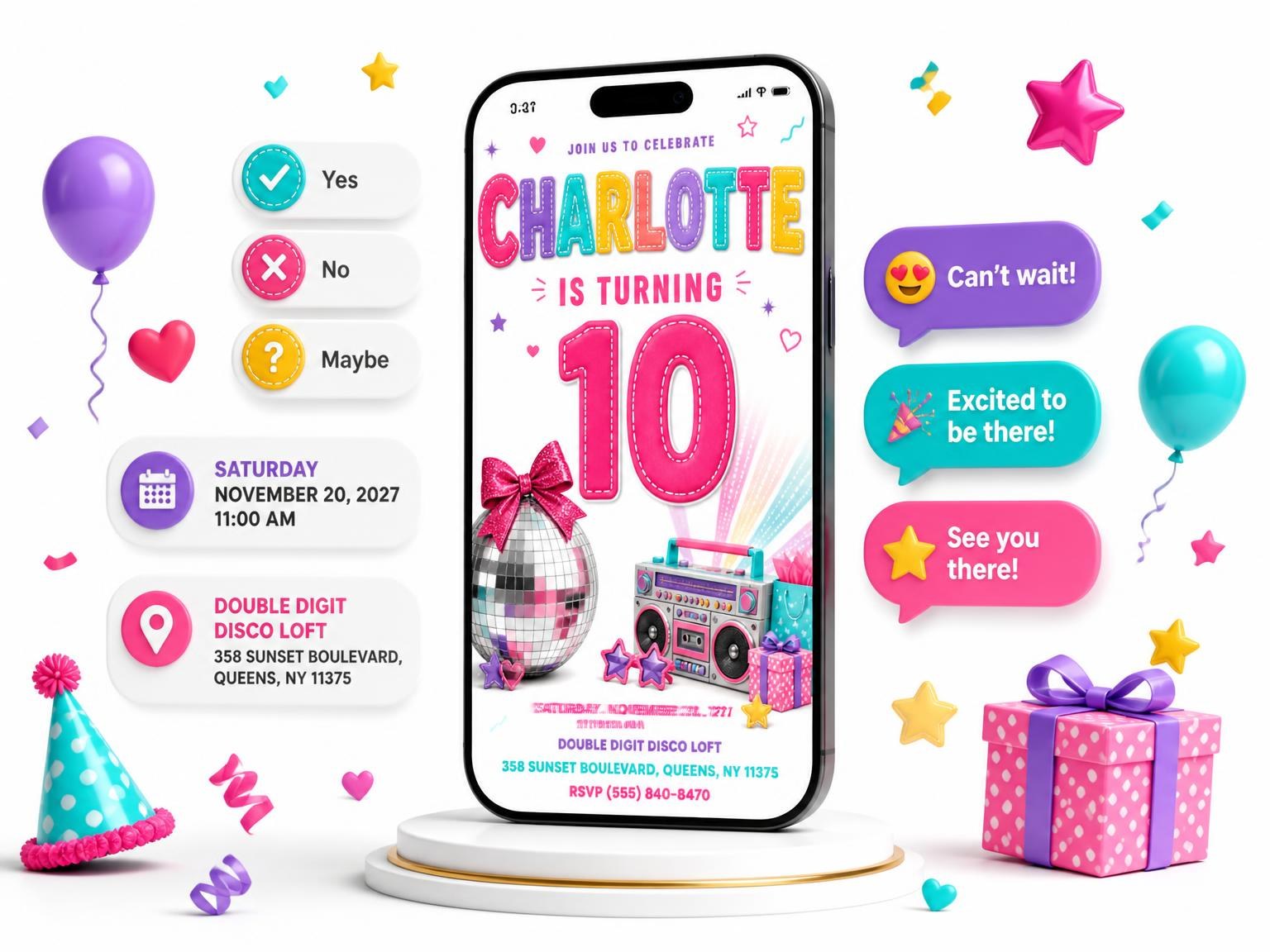 The Ghetto Blaster 10th Birthday Invitation invitation on a phone, with guest RSVPs arriving around it