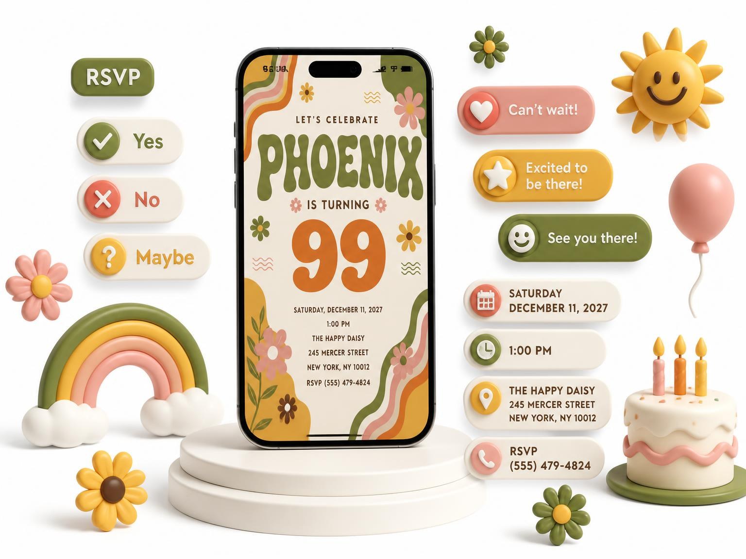 The Groovy Retro 99th Birthday Invitation invitation on a phone, with guest RSVPs arriving around it