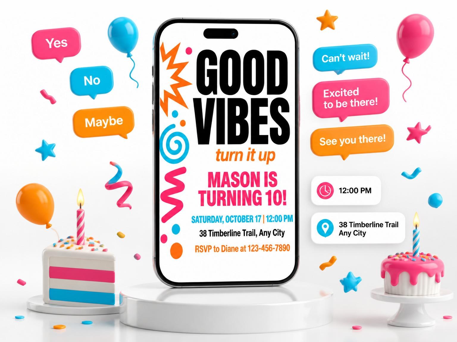 The Neon Geometric 10th Birthday Invitation invitation on a phone, with guest RSVPs arriving around it