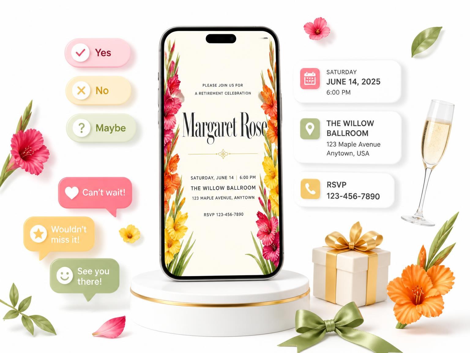 The Gladiolus Retirement Celebration Invitation invitation on a phone, with guest RSVPs arriving around it