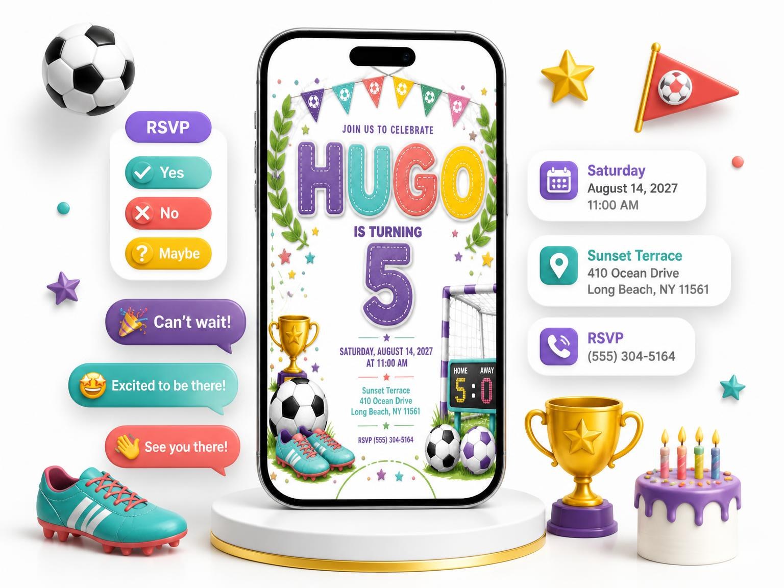 The Stitched Soccer 5th Birthday Invitation invitation on a phone, with guest RSVPs arriving around it