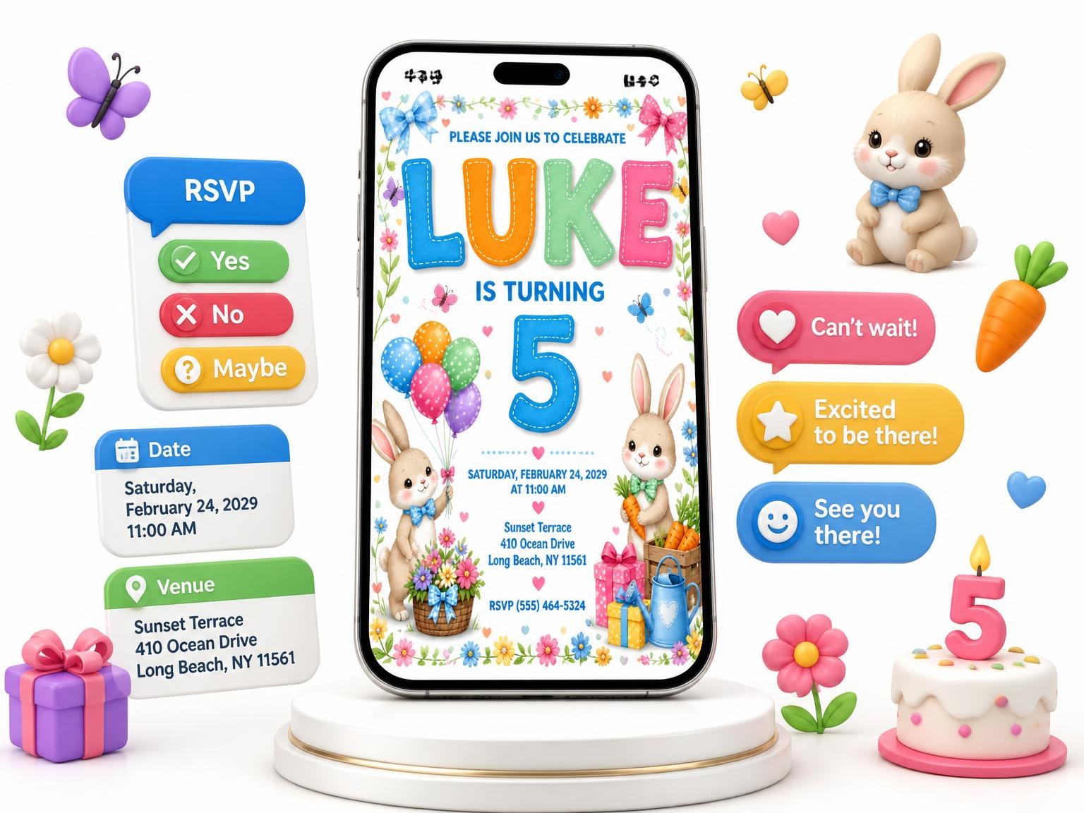 The Stitched Bunny Garden 5th Birthday Invitation invitation on a phone, with guest RSVPs arriving around it