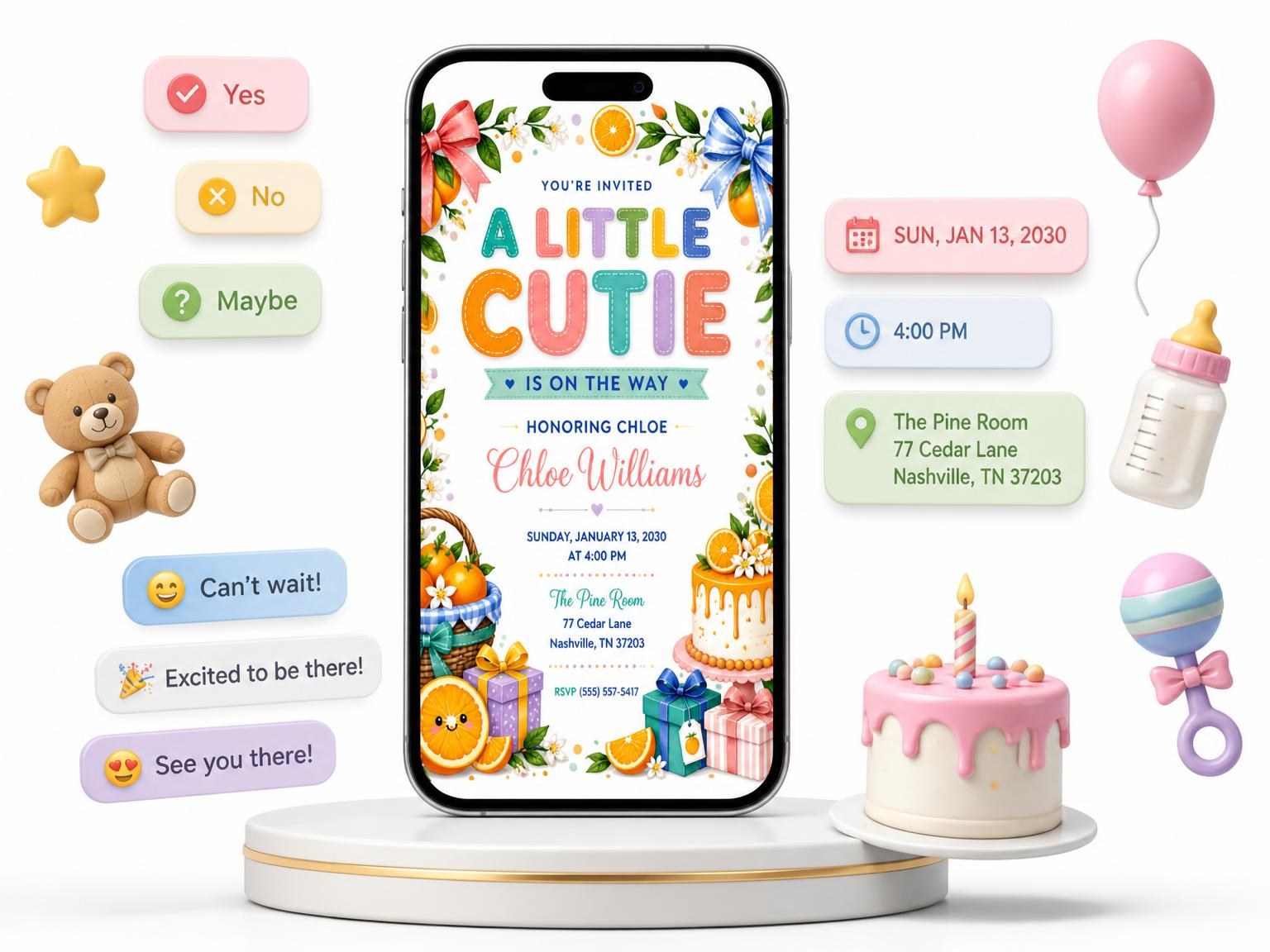 The Garland Bows Baby Shower Invitation invitation on a phone, with guest RSVPs arriving around it