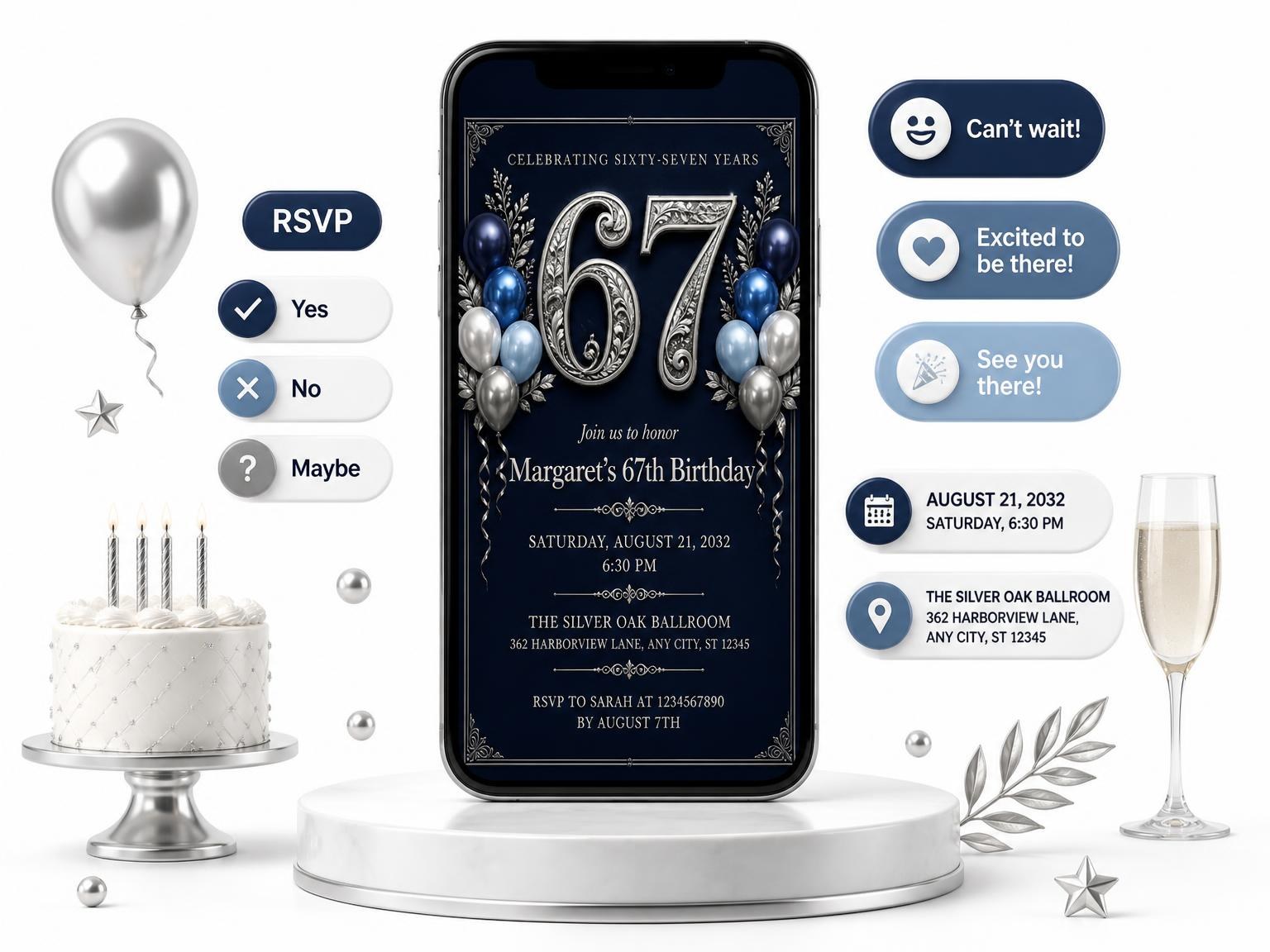The Navy and Silver 67th Birthday Invitation invitation on a phone, with guest RSVPs arriving around it
