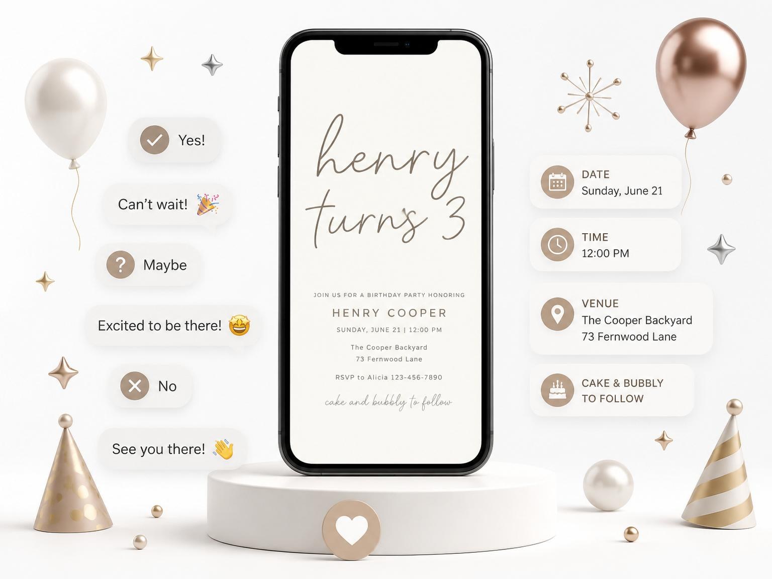 The Taupe Calligraphy Minimalist 3rd Birthday Invitation invitation on a phone, with guest RSVPs arriving around it