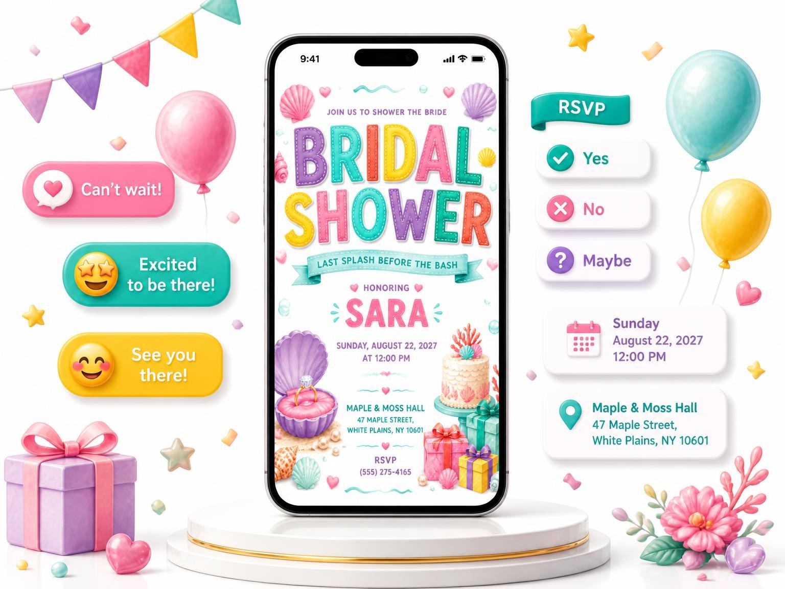The Ring Bridal Shower Invitation invitation on a phone, with guest RSVPs arriving around it