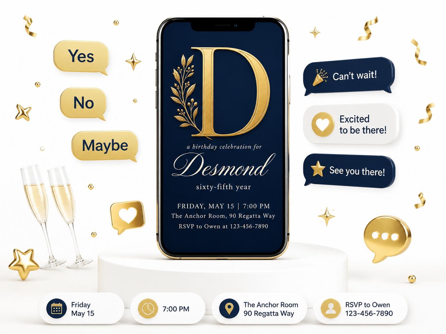 The Navy and Gold Monogram 65th Birthday invitation on a phone, with guest RSVPs arriving around it