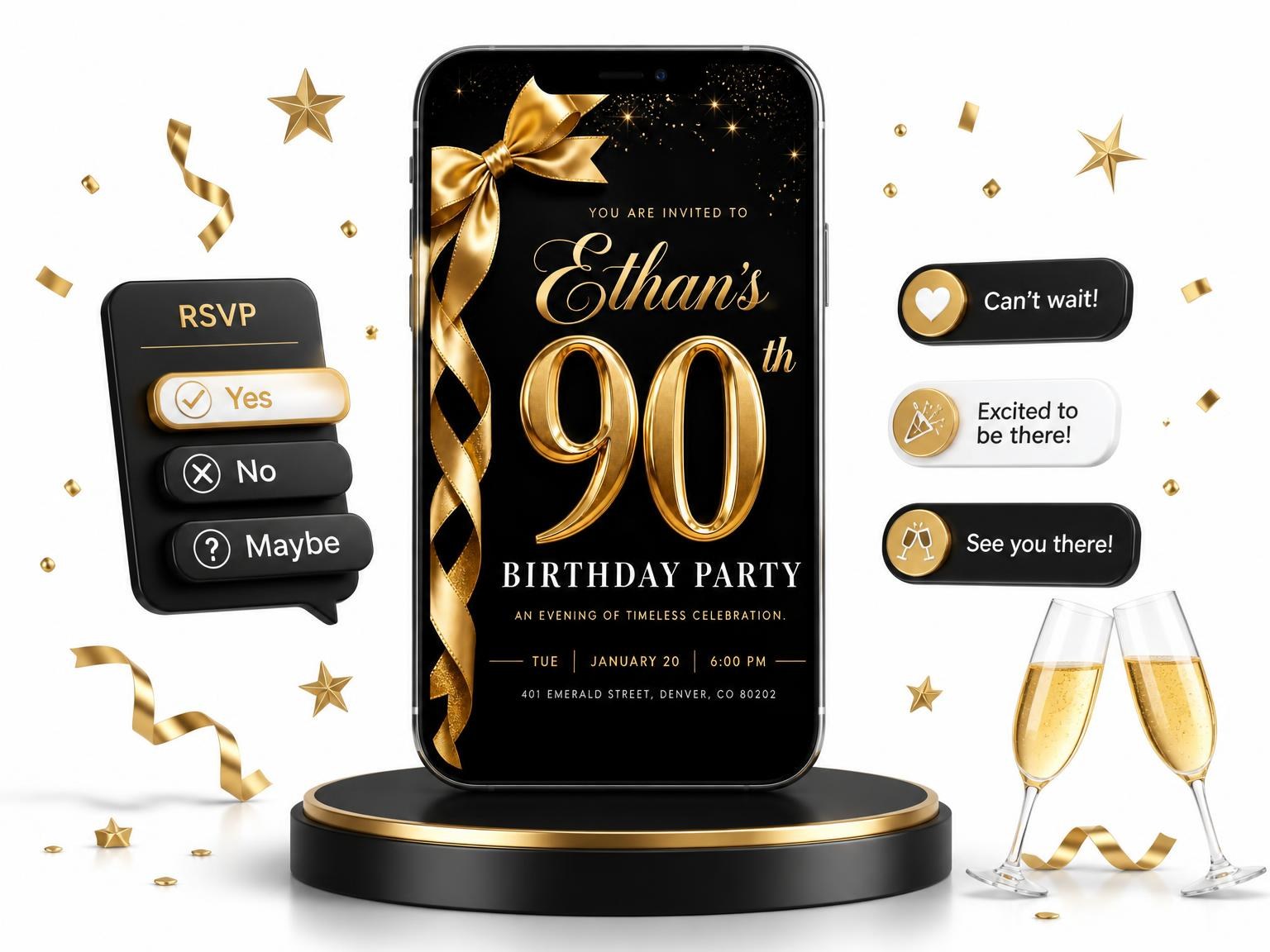 The Black and Gold Ribbon 90th Birthday invitation on a phone, with guest RSVPs arriving around it