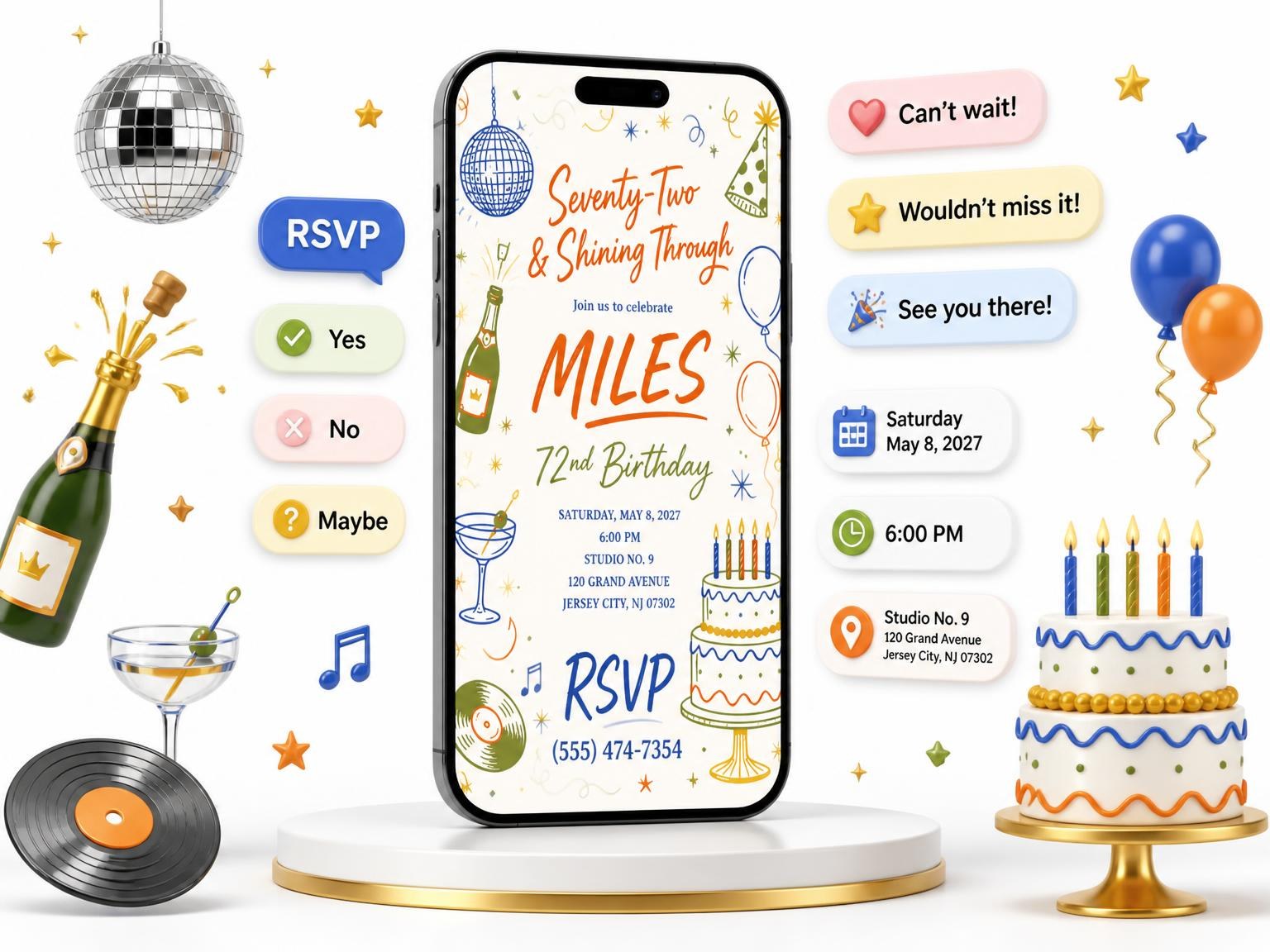The Retro Doodle 72nd Birthday Invitation invitation on a phone, with guest RSVPs arriving around it