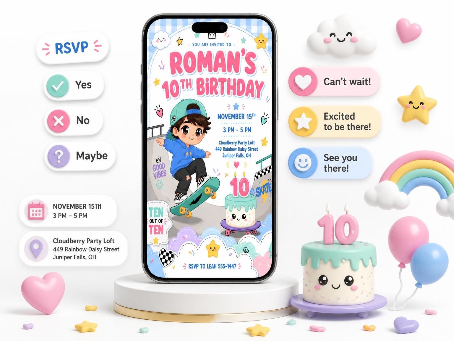 The Skate Ramps Kawaii 10th Birthday Invitation invitation on a phone, with guest RSVPs arriving around it