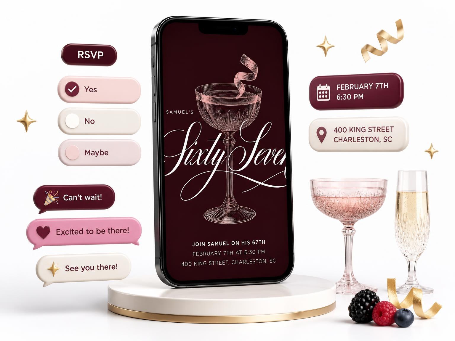 The Burgundy Cocktail 67th Birthday Invitation invitation on a phone, with guest RSVPs arriving around it