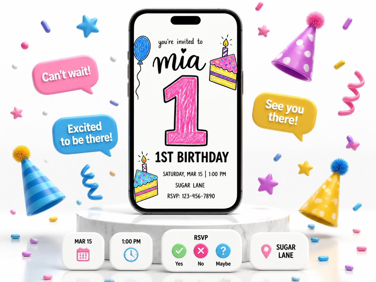 The Crayon Illustration 1st Birthday Invitation invitation on a phone, with guest RSVPs arriving around it