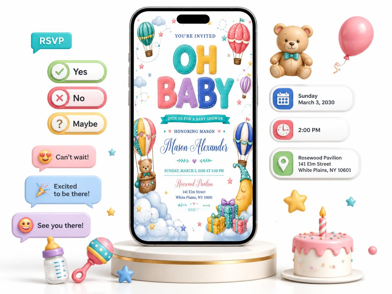 The Hot Air Balloon Baby Shower Invitation invitation on a phone, with guest RSVPs arriving around it