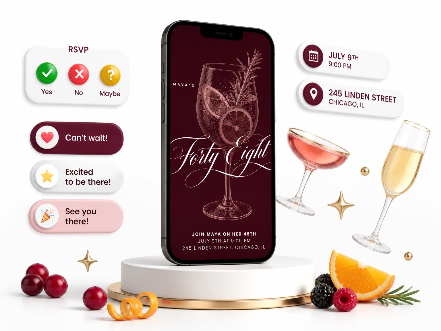 The Burgundy Cocktail 48th Birthday Invitation invitation on a phone, with guest RSVPs arriving around it