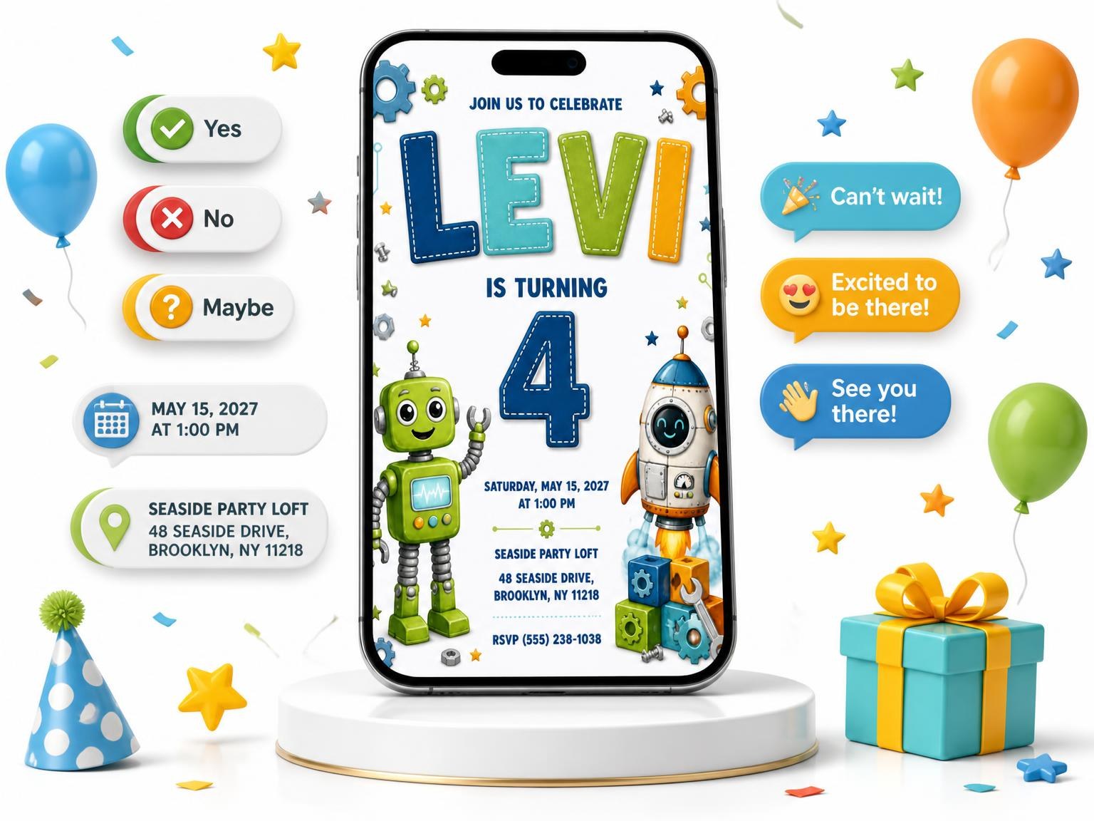 The Green Robot Stitched 4th Birthday Invitation invitation on a phone, with guest RSVPs arriving around it