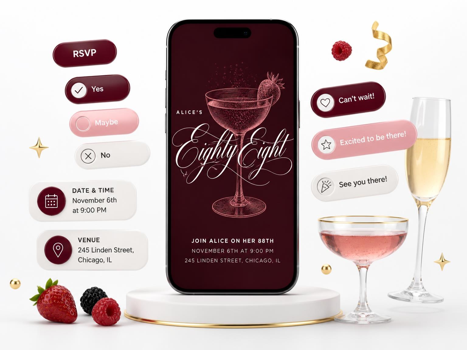 The Burgundy Cocktail 88th Birthday Invitation invitation on a phone, with guest RSVPs arriving around it