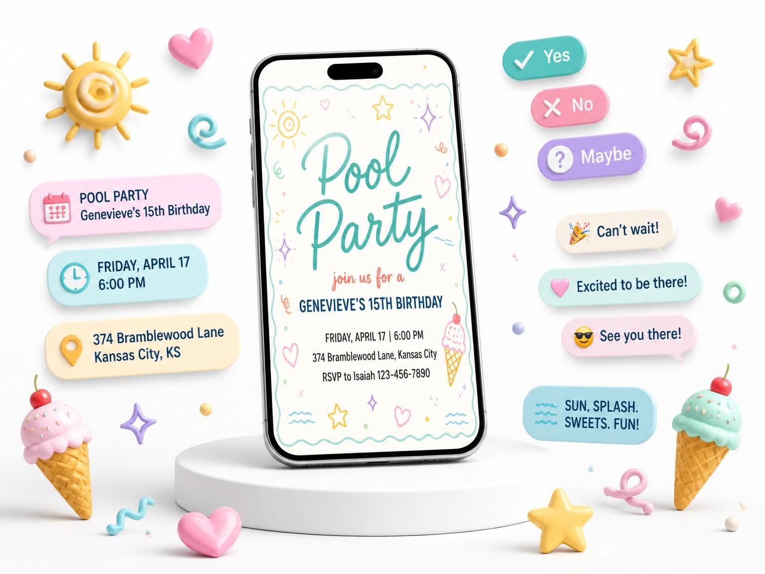 The Pastel Doodle Scalloped Pool 15th Birthday invitation on a phone, with guest RSVPs arriving around it