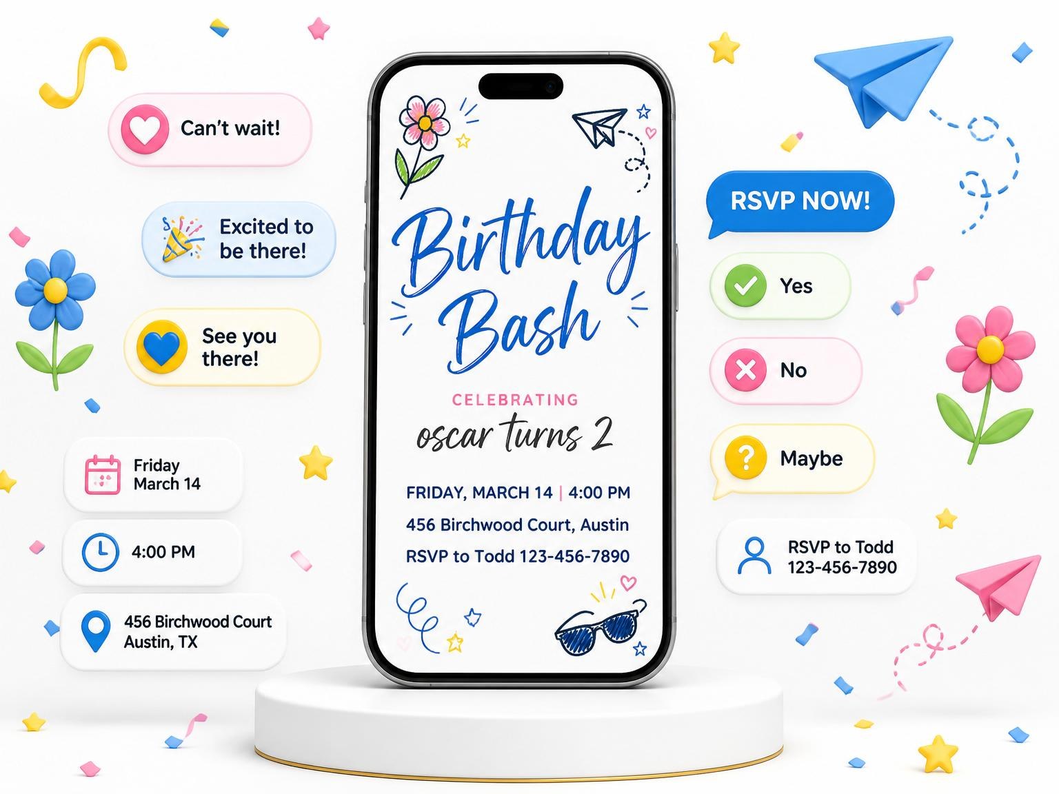 The Colorful Doodle Motif 2nd Birthday Invitation invitation on a phone, with guest RSVPs arriving around it