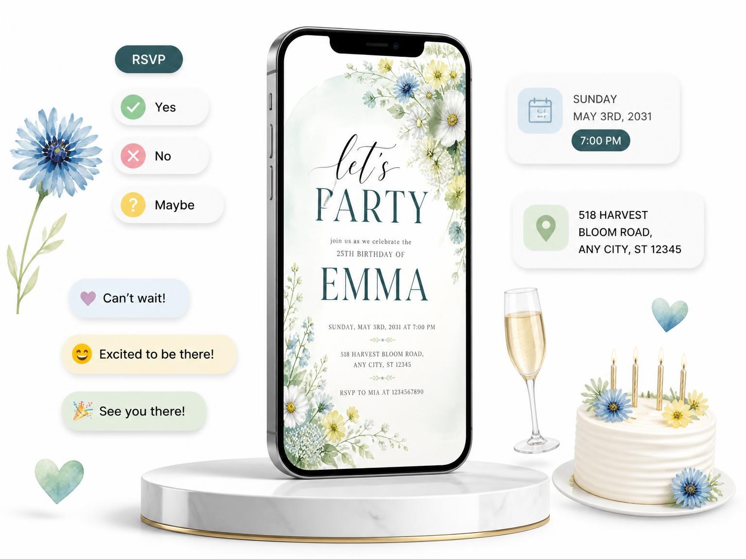 The Floral Mint 25th Birthday Invitation invitation on a phone, with guest RSVPs arriving around it