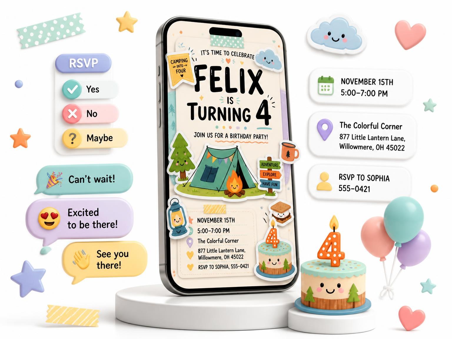 The Camping Pastel 4th Birthday Invitation invitation on a phone, with guest RSVPs arriving around it