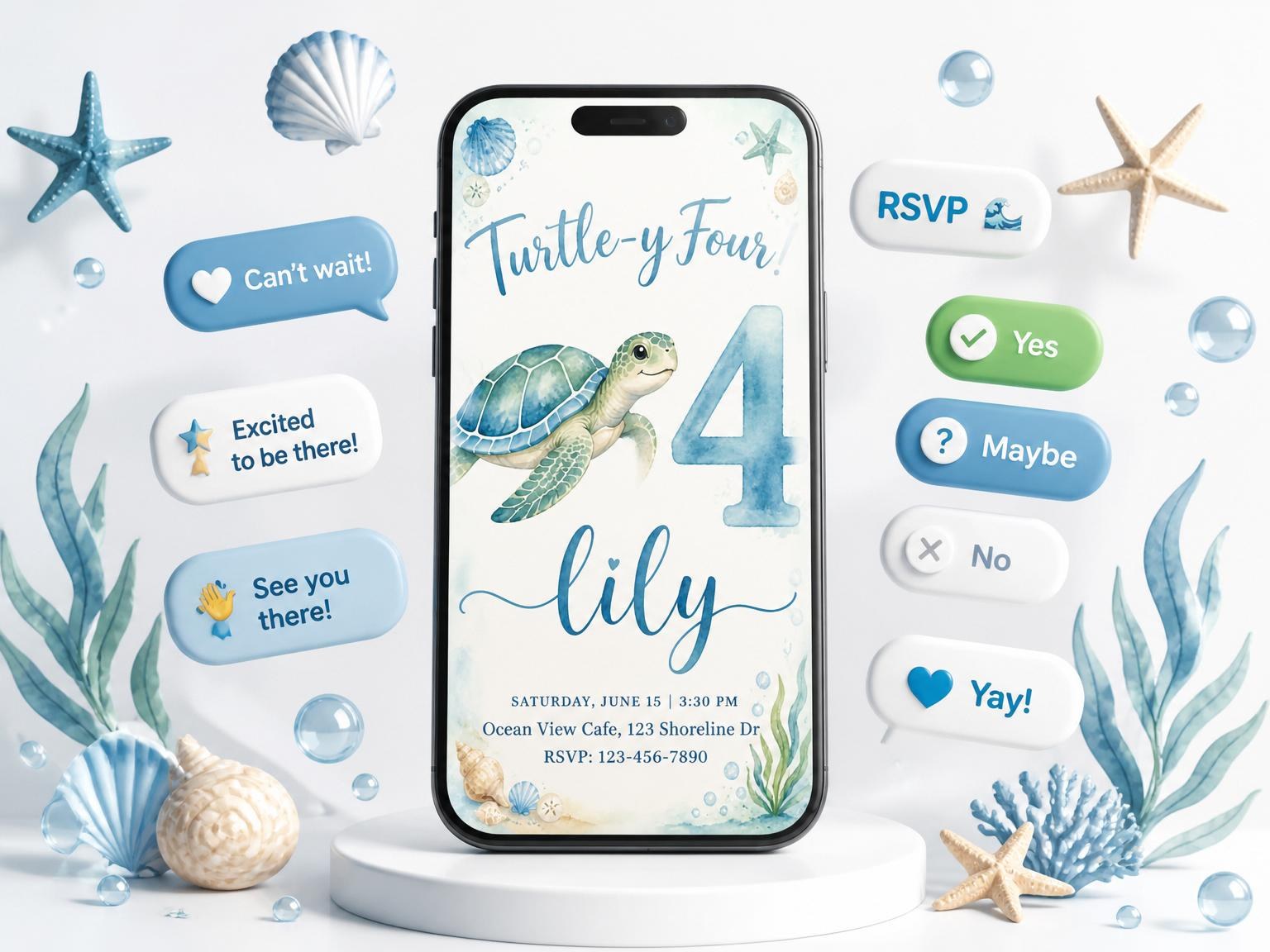 The Watercolor Sea Turtle 4th Birthday invitation on a phone, with guest RSVPs arriving around it