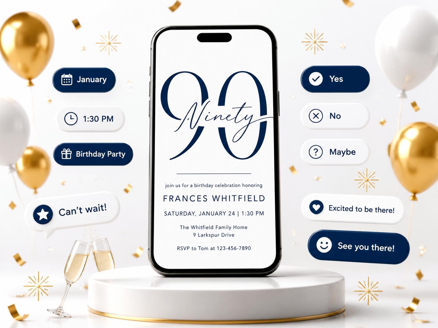 The Navy Script Milestone Birthday Invitation invitation on a phone, with guest RSVPs arriving around it