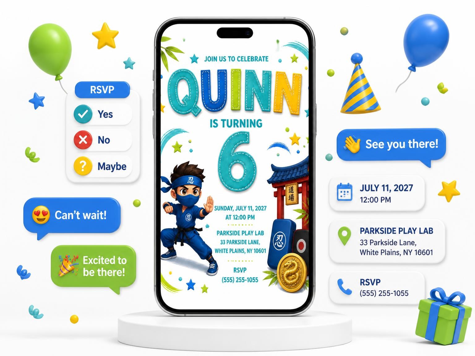 The Ninja Stitched 6th Birthday Invitation invitation on a phone, with guest RSVPs arriving around it