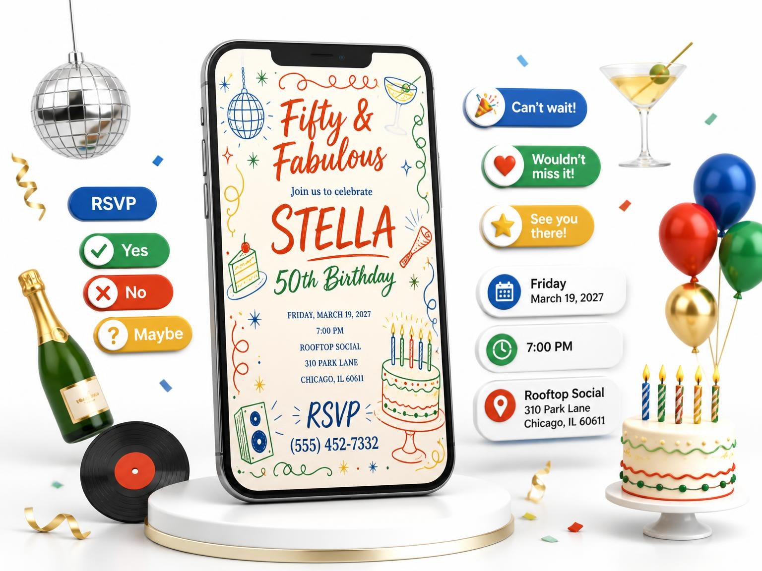 The Retro Doodle 50th Birthday Invitation invitation on a phone, with guest RSVPs arriving around it