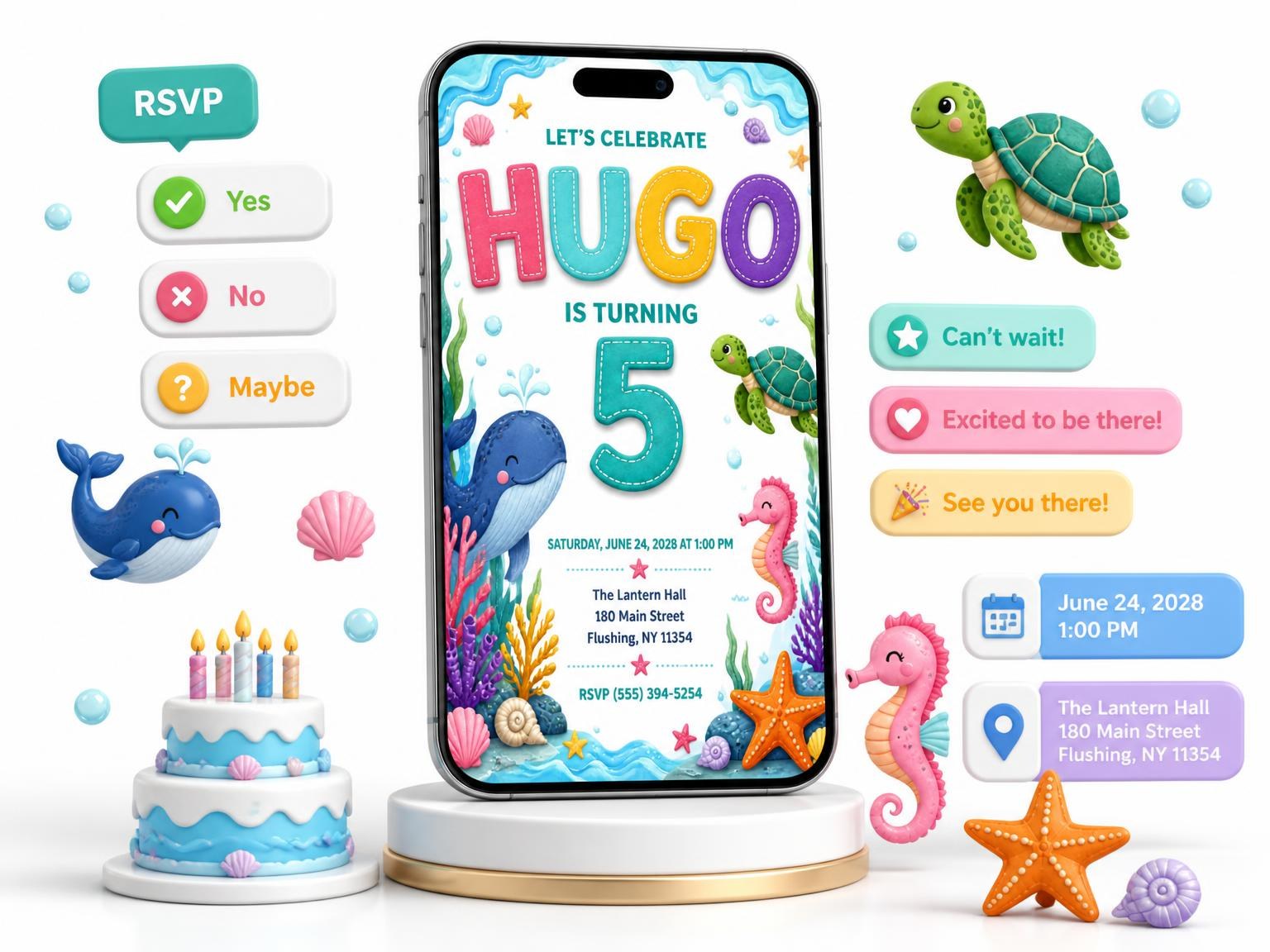 The Stitched Under the Sea 5th Birthday Invitation invitation on a phone, with guest RSVPs arriving around it