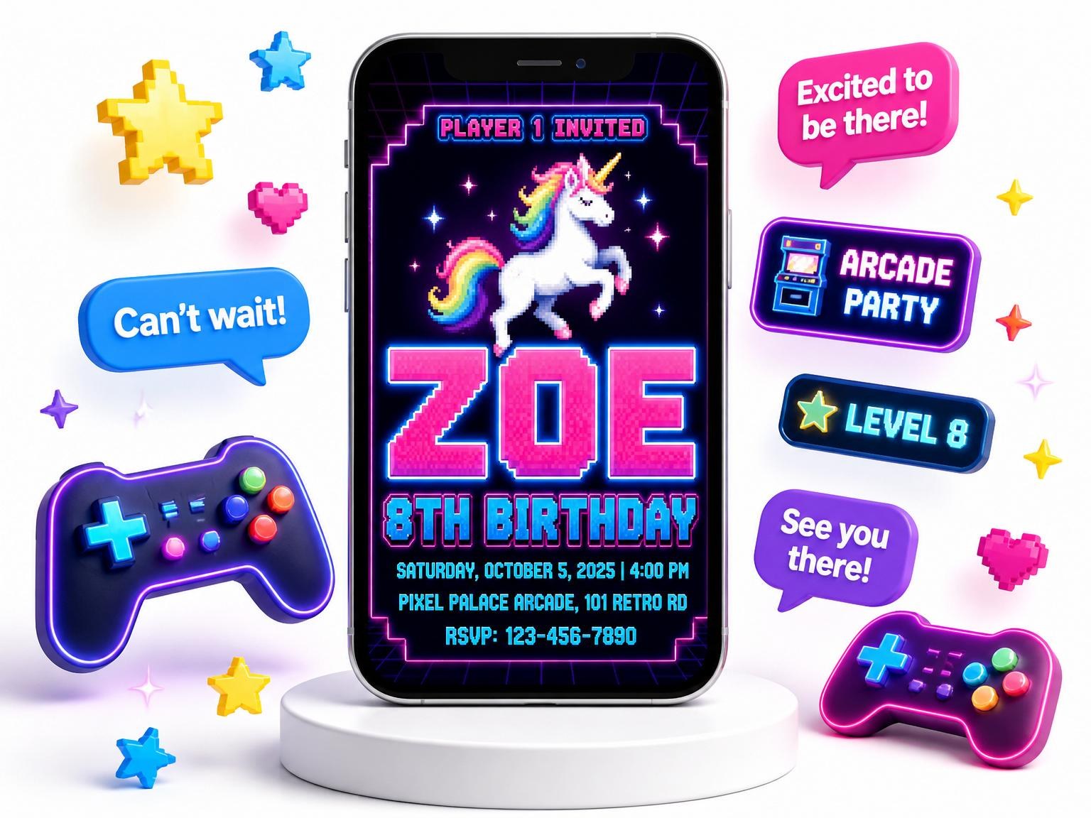 The Neon Pixel Unicorn Arcade Birthday invitation on a phone, with guest RSVPs arriving around it