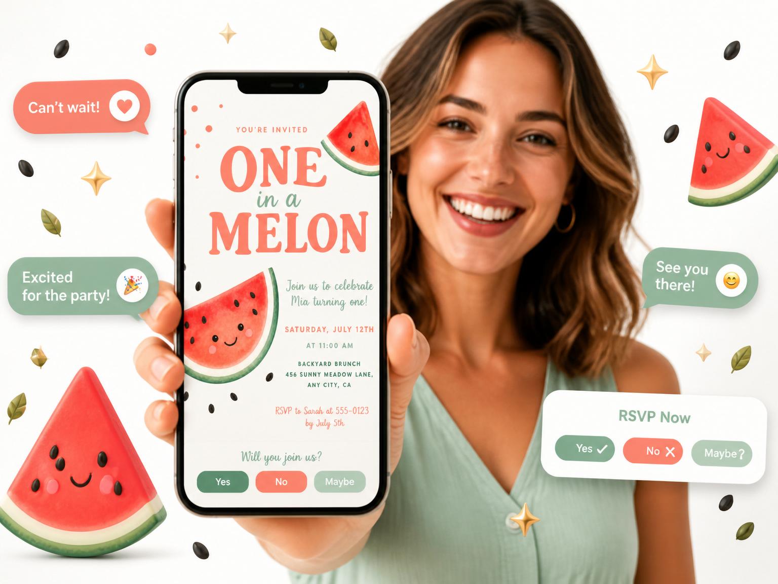 The One in a Melon First Birthday invitation on a phone, with guest RSVPs arriving around it