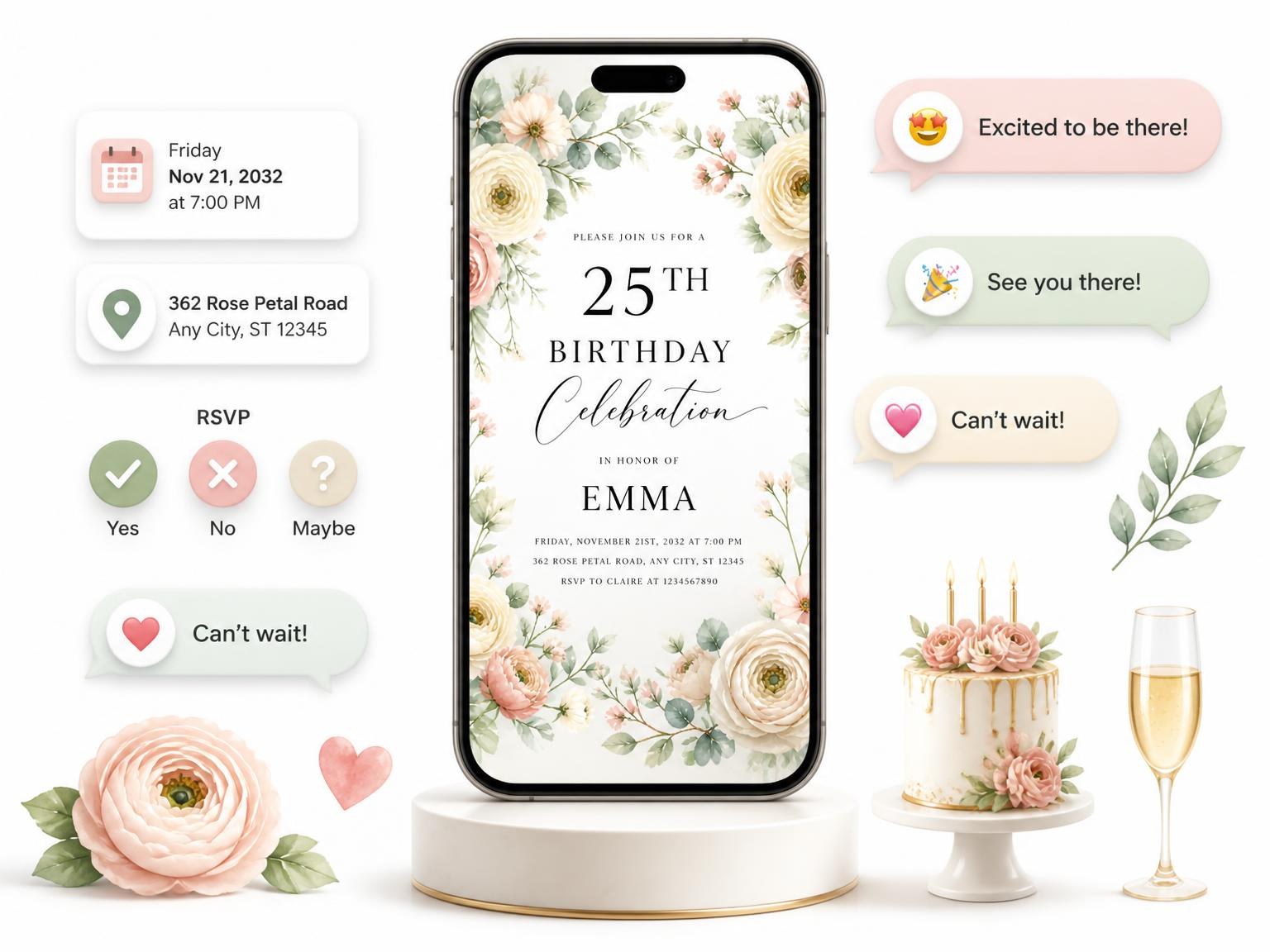 The Floral Garden Ivory 25th Birthday Invitation invitation on a phone, with guest RSVPs arriving around it