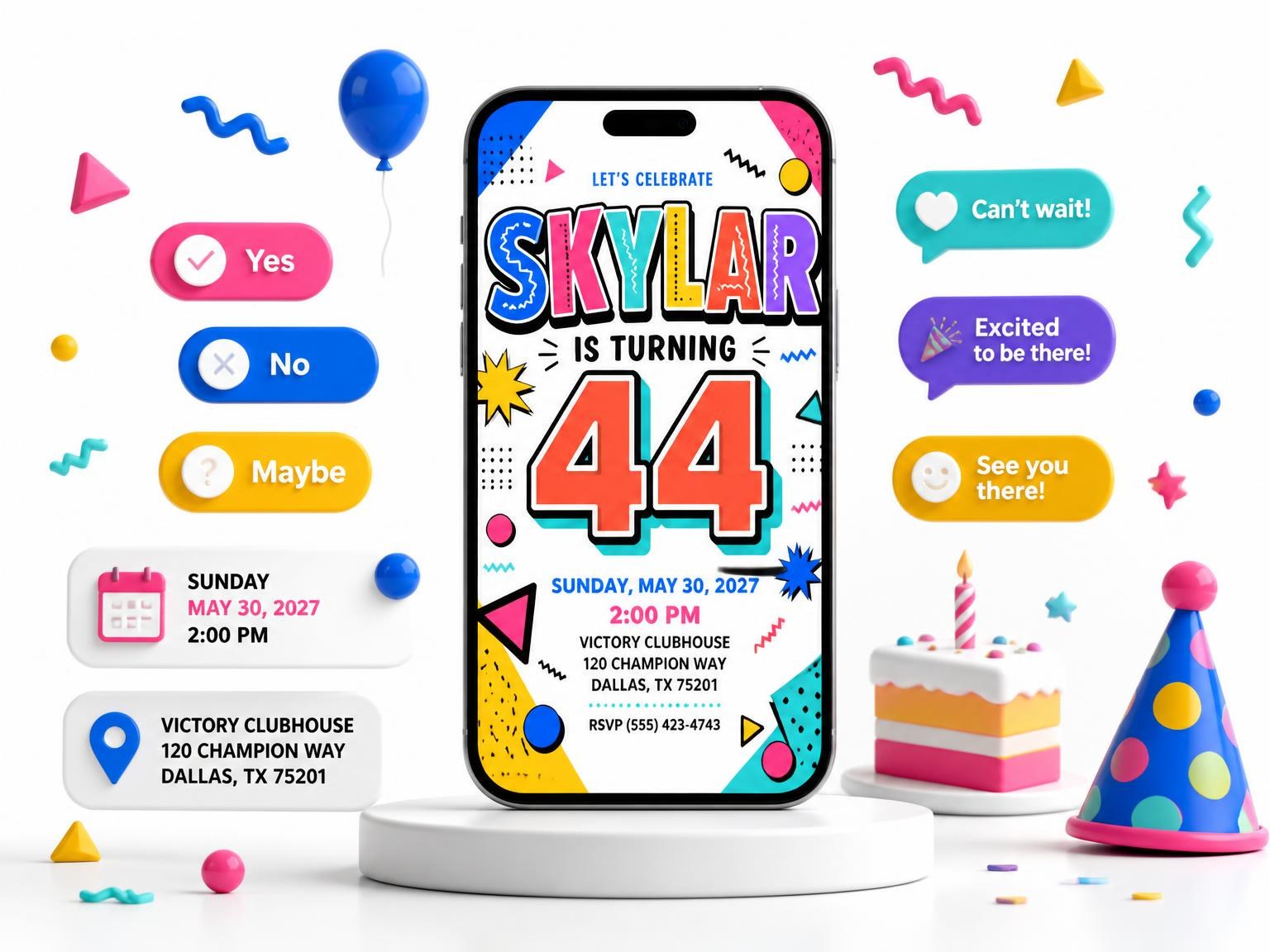 The Memphis Pop 44th Birthday Invitation invitation on a phone, with guest RSVPs arriving around it