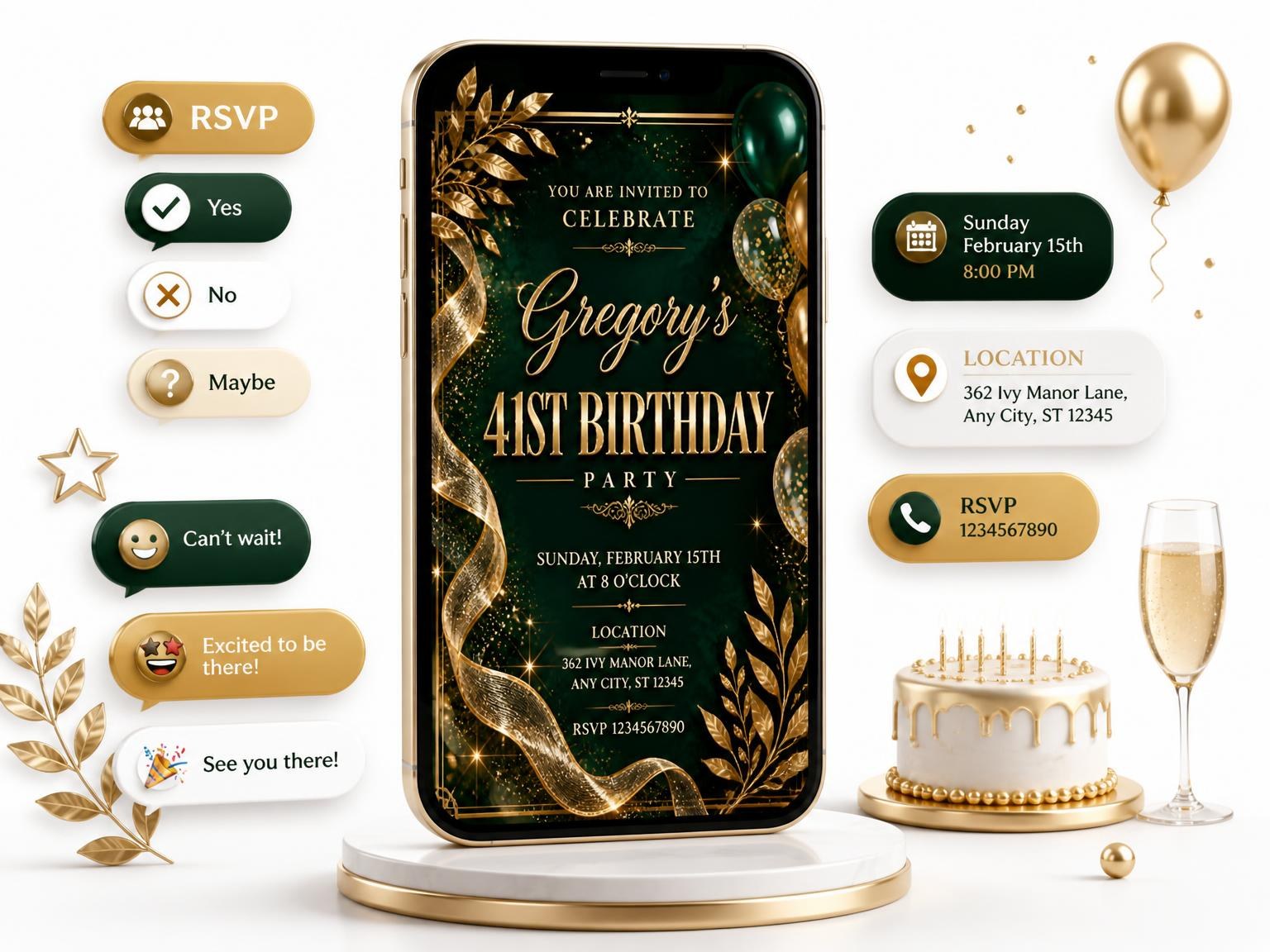 The Emerald and Champagne 41st Birthday Invitation invitation on a phone, with guest RSVPs arriving around it