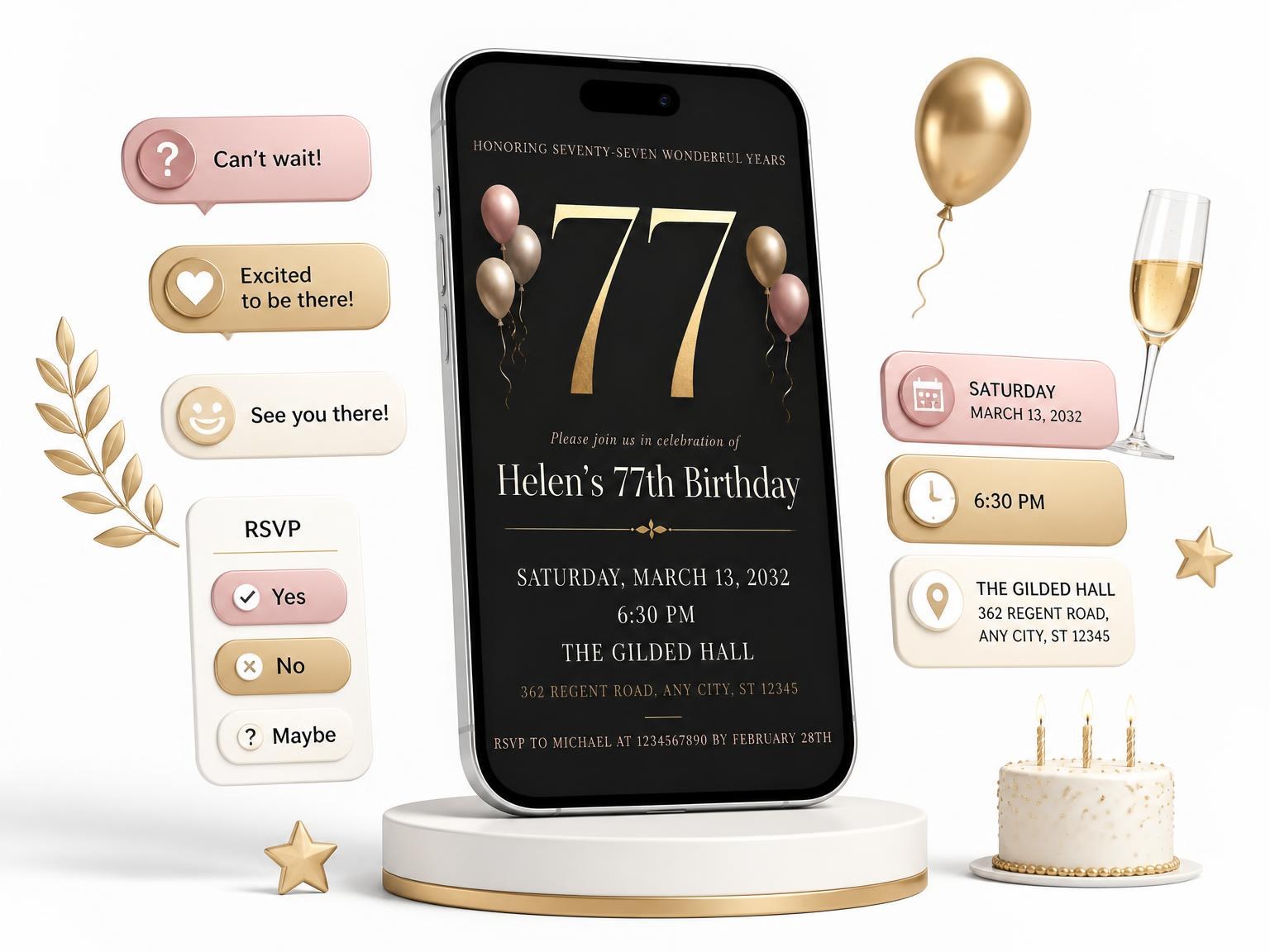 The Charcoal and Blush 77th Birthday Invitation invitation on a phone, with guest RSVPs arriving around it