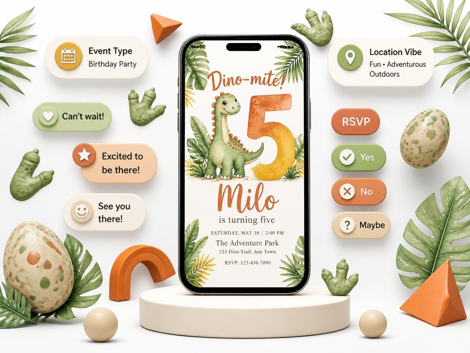 The Watercolor Dinosaur Jungle 5th Birthday invitation on a phone, with guest RSVPs arriving around it