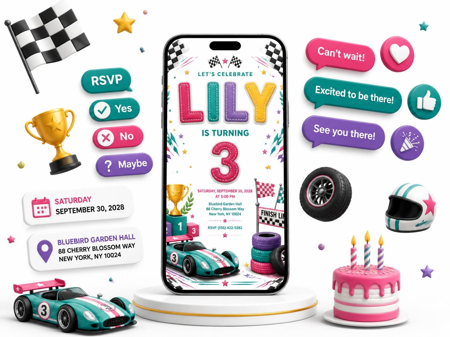 The Stitched Race Car 3rd Birthday Invitation invitation on a phone, with guest RSVPs arriving around it