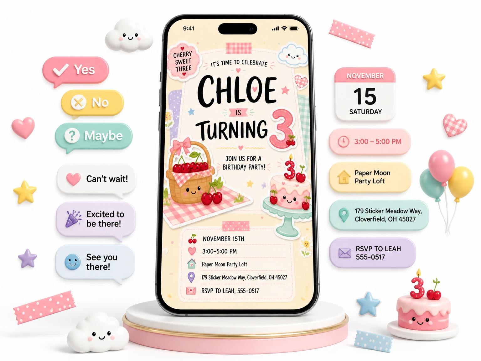 The Cherry Basket Pastel 3rd Birthday Invitation invitation on a phone, with guest RSVPs arriving around it