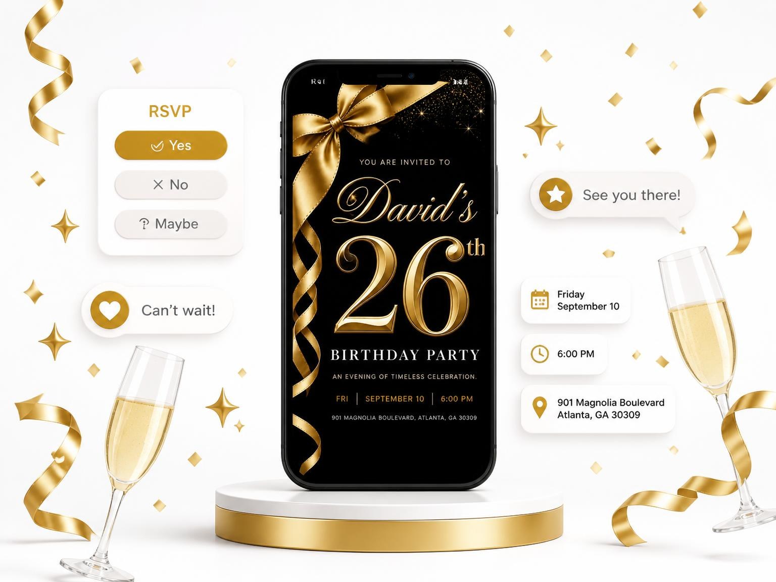 The Black and Gold Ribbon 26th Birthday invitation on a phone, with guest RSVPs arriving around it