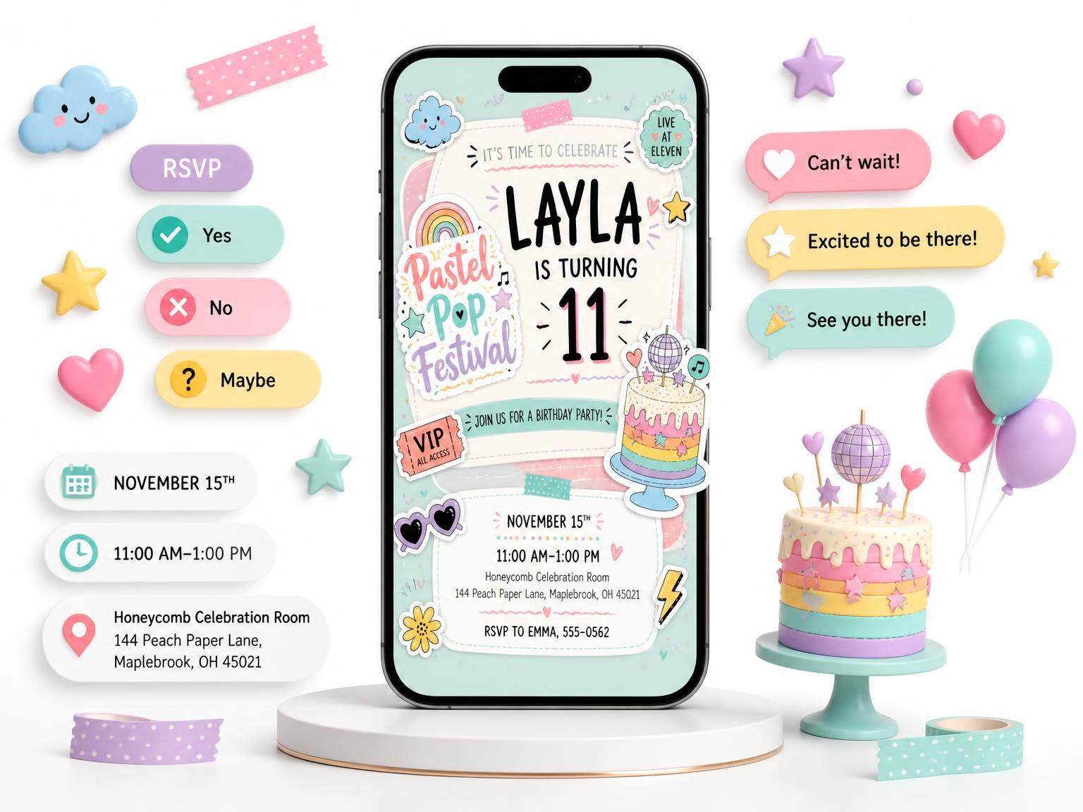 The Rainbow Pastel 11th Birthday Invitation invitation on a phone, with guest RSVPs arriving around it