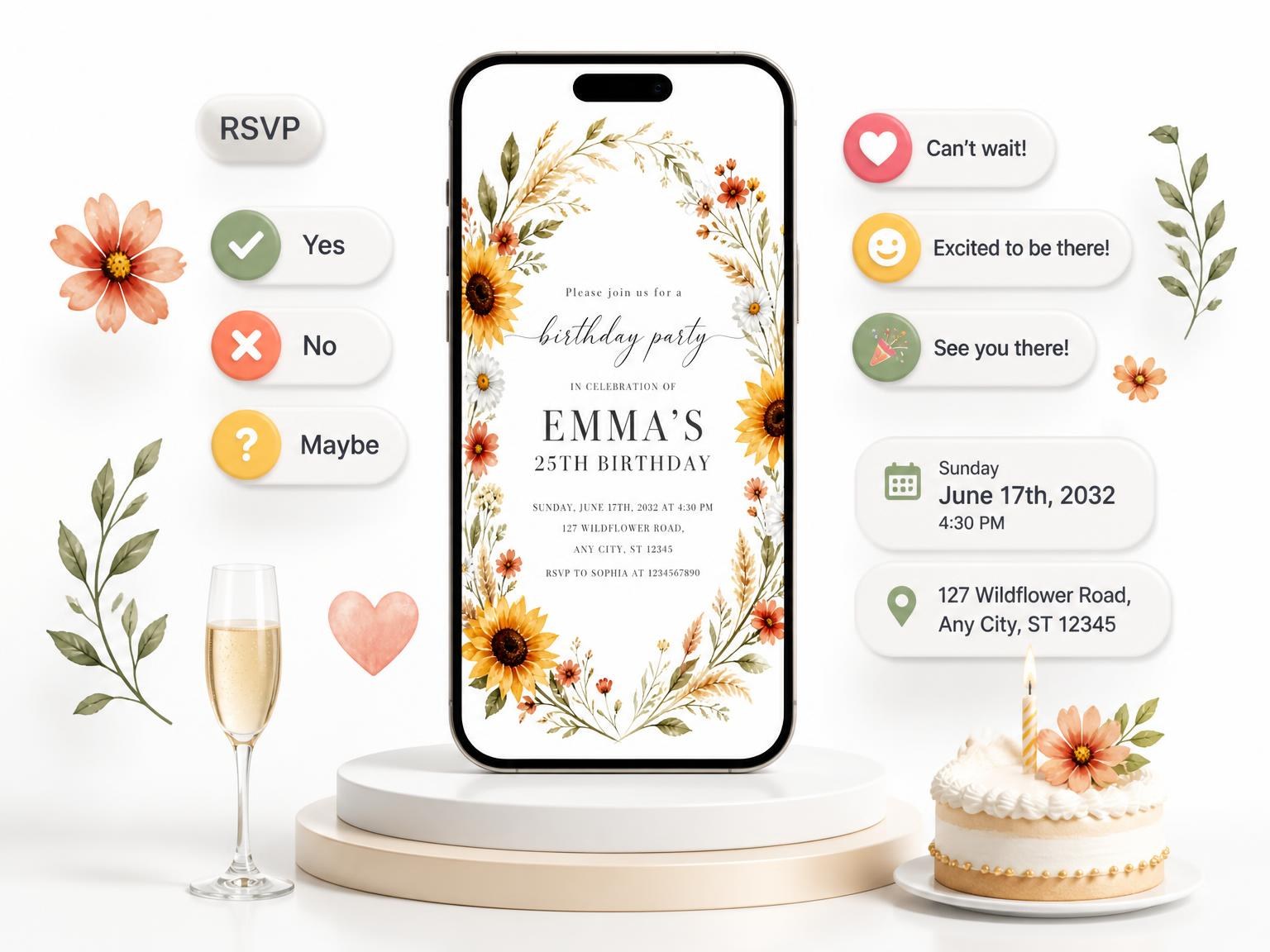 The Terracotta Botanical Wreath 25th Birthday Invitation invitation on a phone, with guest RSVPs arriving around it