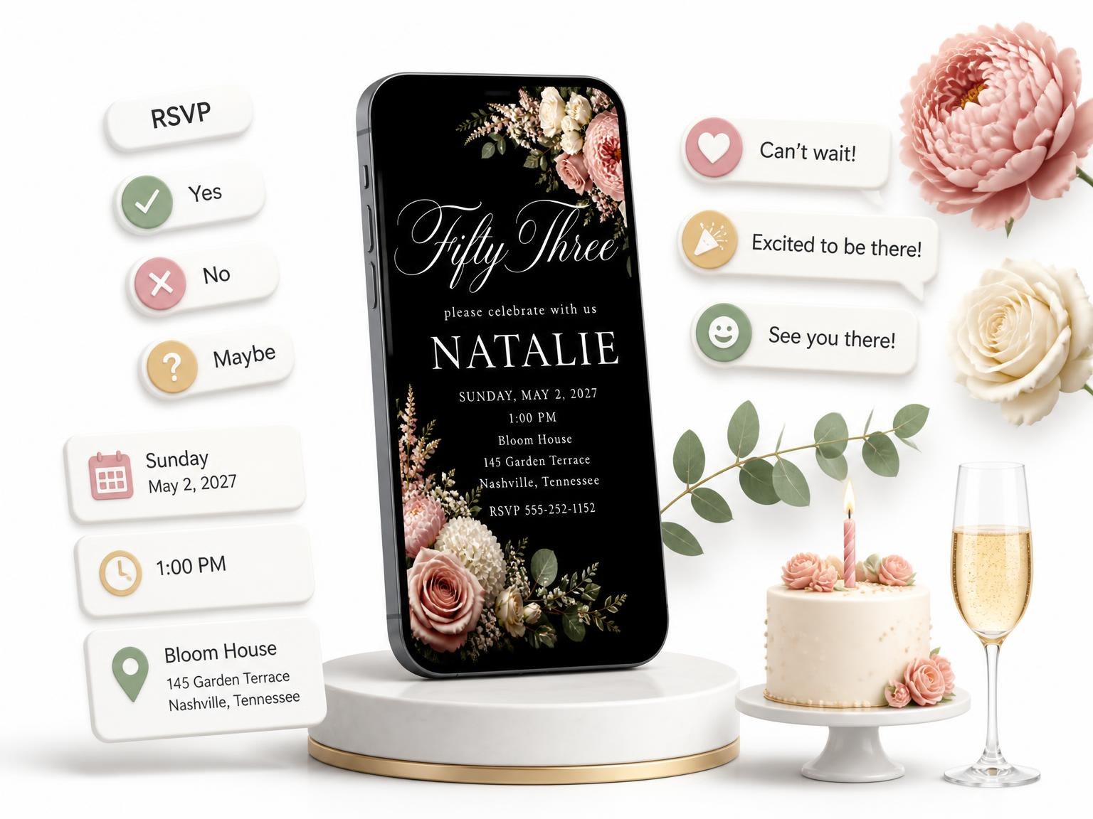 The Black Floral 53rd Birthday Invitation invitation on a phone, with guest RSVPs arriving around it