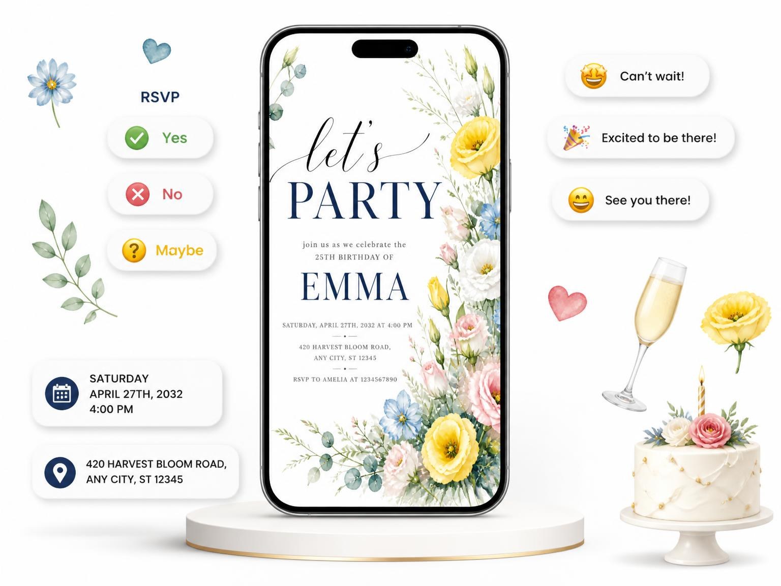 The Spring Eucalyptus Sprig 25th Birthday Invitation invitation on a phone, with guest RSVPs arriving around it