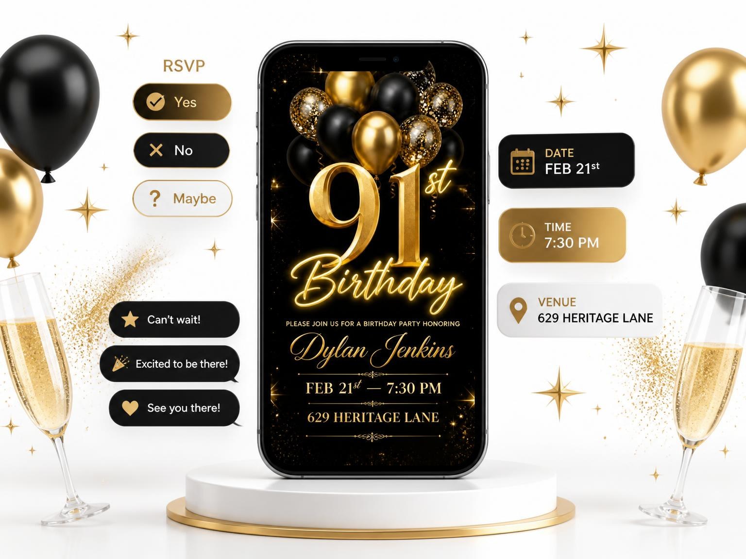 The Black and Gold Balloon 91st Birthday invitation on a phone, with guest RSVPs arriving around it