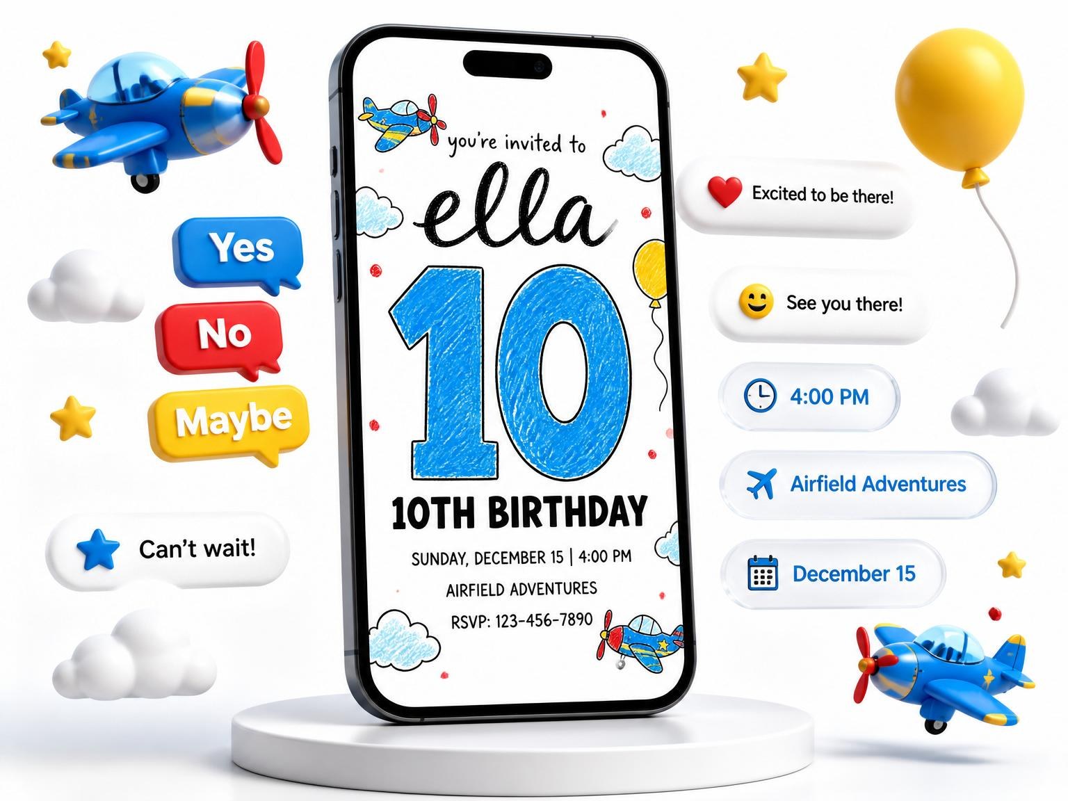 The Crayon Airplane 10th Birthday Invitation invitation on a phone, with guest RSVPs arriving around it