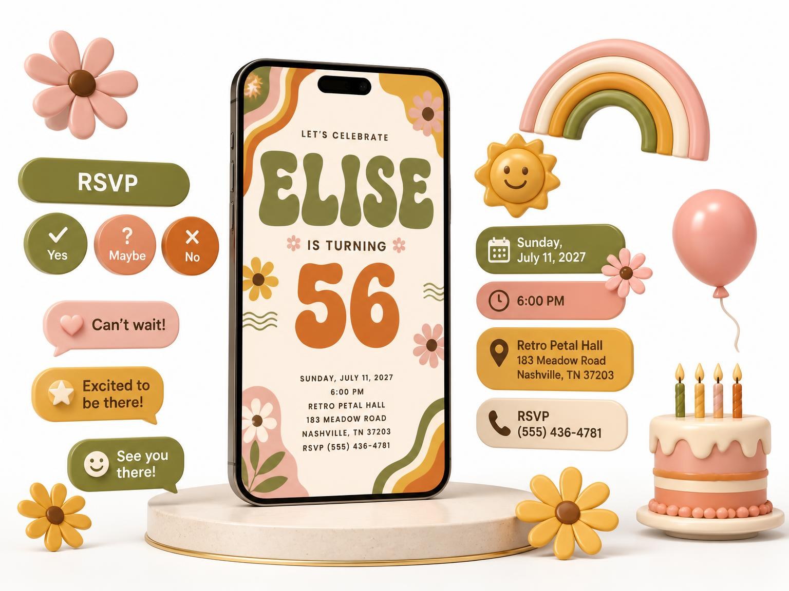 The Groovy Retro 56th Birthday Invitation invitation on a phone, with guest RSVPs arriving around it