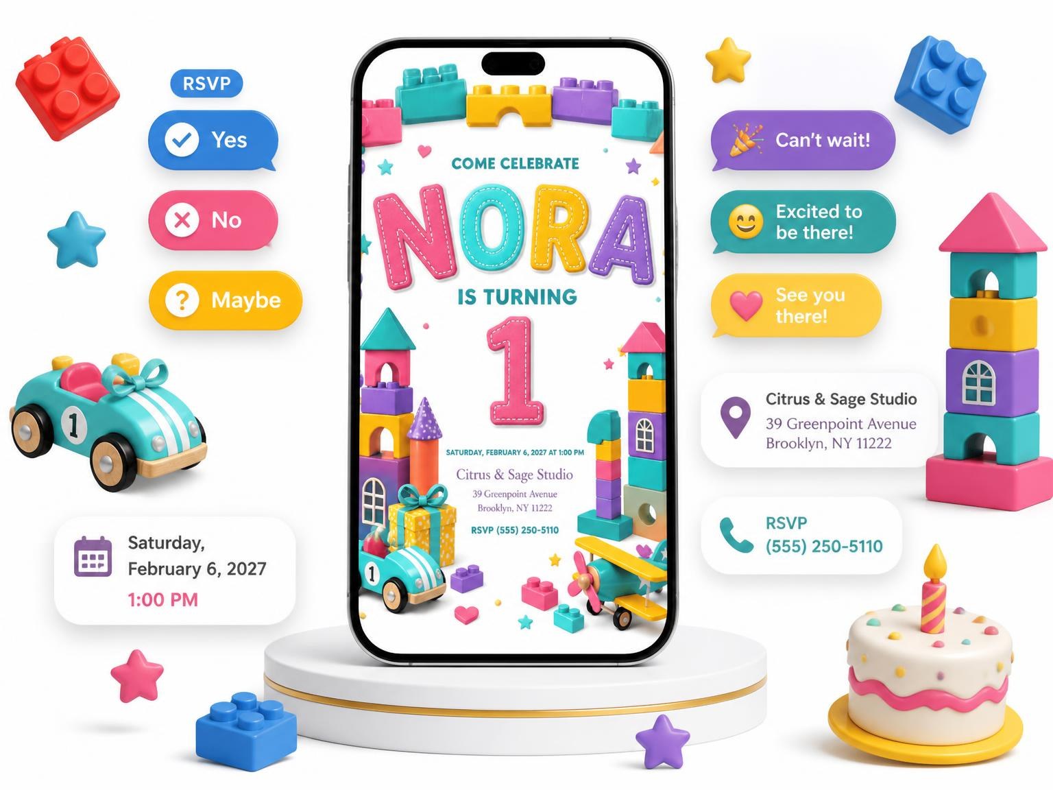 The Stitched Toy Blocks 1st Birthday Invitation invitation on a phone, with guest RSVPs arriving around it