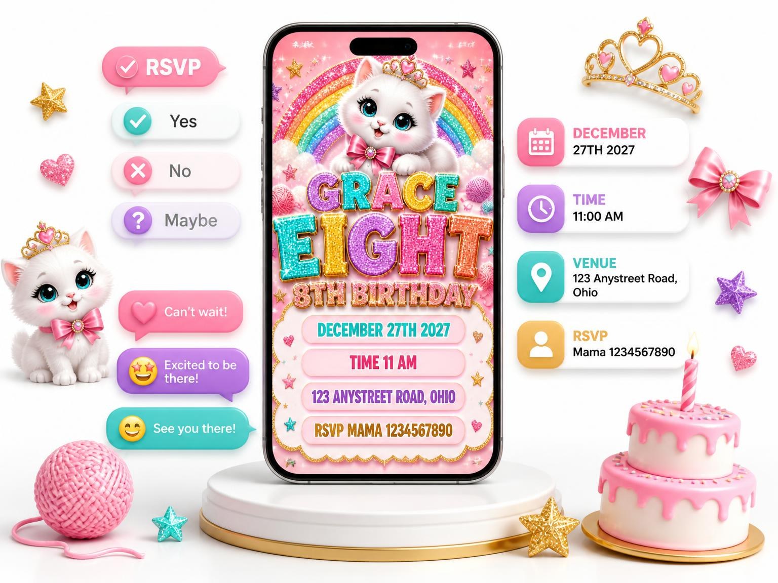 The Glitter Kitty Cat 8th Birthday Invitation invitation on a phone, with guest RSVPs arriving around it