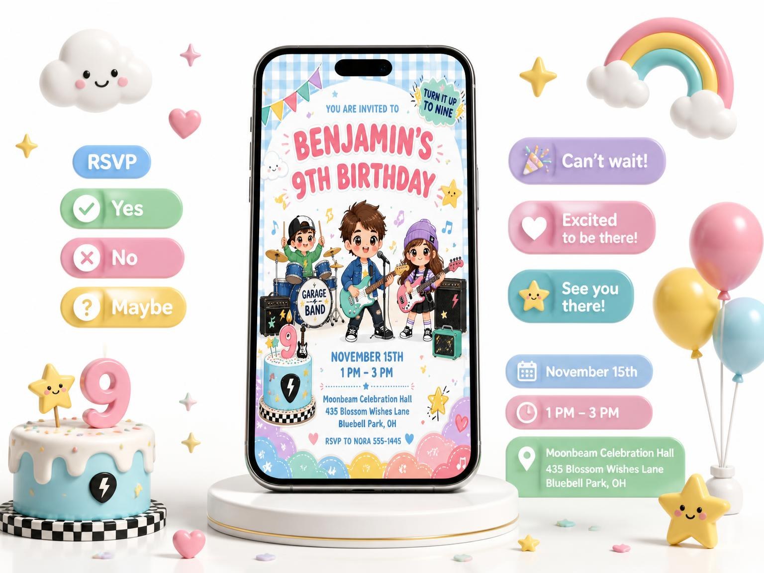 The Band Kawaii Pastel 9th Birthday Invitation invitation on a phone, with guest RSVPs arriving around it